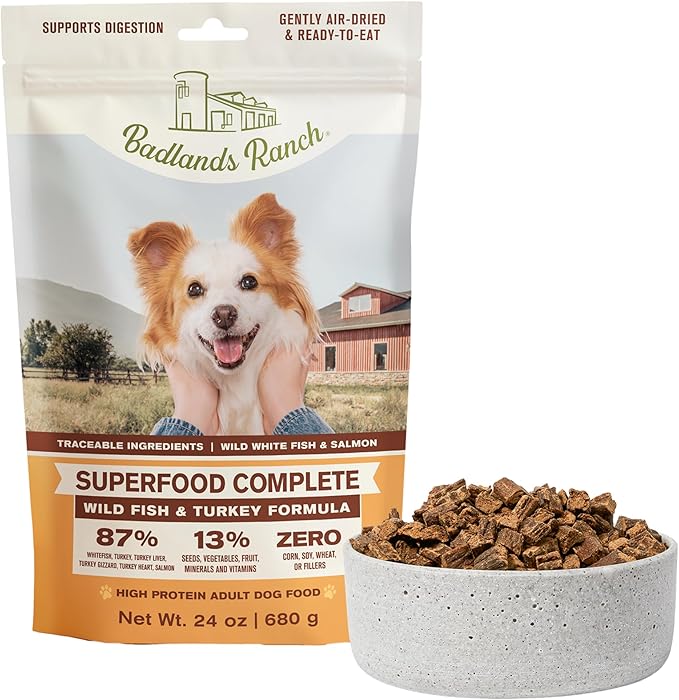 BADLANDS RANCH by Katherine Heigl – Superfood Complete Air-Dried Wild Fish & Turkey Dog Food – High Protein with Superfoods for Daily Wellness & Consistent Nutrition – 24 oz