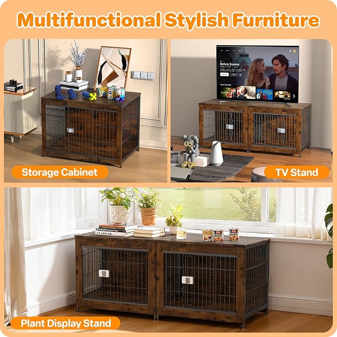 Furniture Style Dog Crate, 27" Wooden Dog Kennel End Table with Solid Top, Indoor Pet Crate House with Secure Slide Lock, Modern Dog Cage Furniture for Small & Medium Dogs