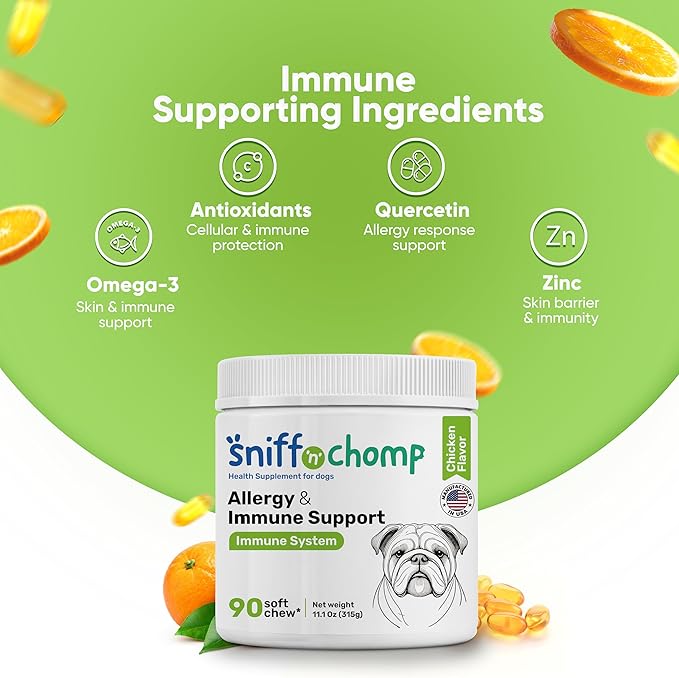 SNIFF N CHOMP Dog Allergy Chews, Chicken Flavor, Probiotics for Dogs with Quercetin Omega 3 Zinc, Seasonal Allergy Relief, Immune Support Soft Chews, Probióticos para Perros | 90 Soft Chews