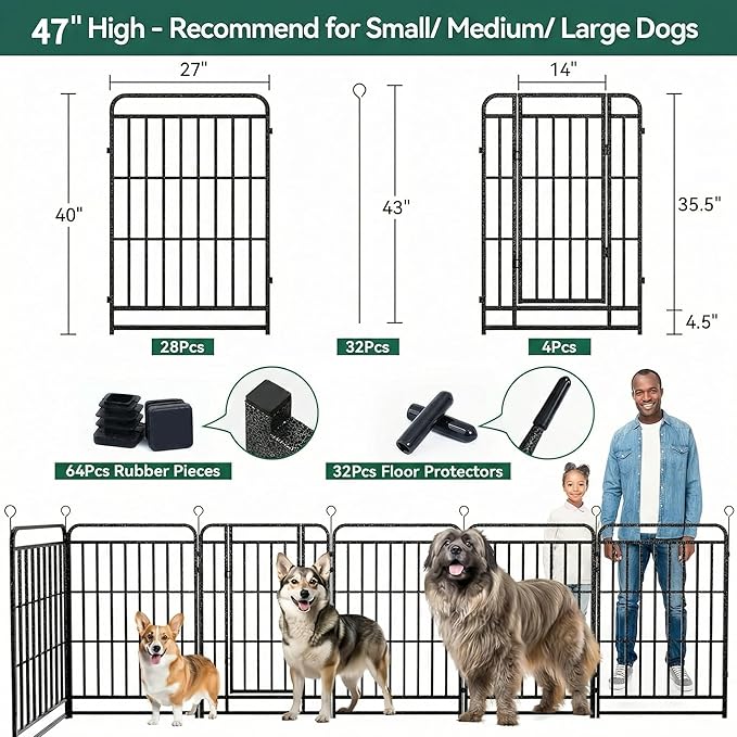 Dog Playpen Outdoor 32 Panels 47'' Rustproof Metal Dog Fence with Gate Small Medium Portable Large Dog Play Pen 72FT 282 Sq.ft for RV Camping, Trips, Play Yard