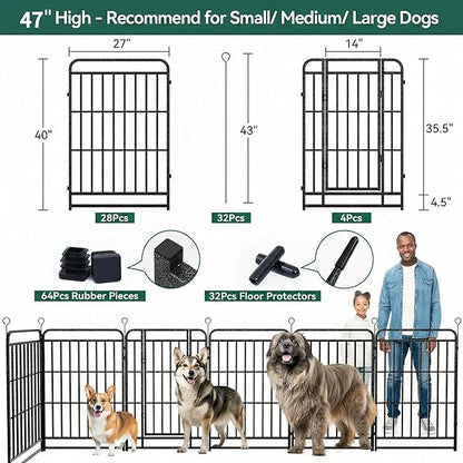 Dog Playpen Outdoor 32 Panels 47'' Rustproof Metal Dog Fence with Gate Small Medium Portable Large Dog Play Pen 72FT 282 Sq.ft for RV Camping, Trips, Play Yard