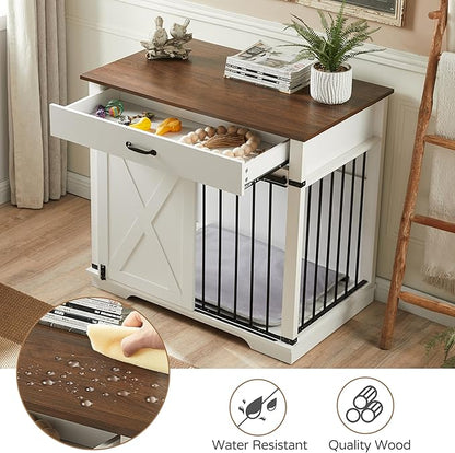 37.8" Furniture Style Dog Crates with Drawer, Farmhouse Wooden Dog Kennel Furniture with Sliding Barn Door & Water Resistant for Small/Medium/Large Dog, White