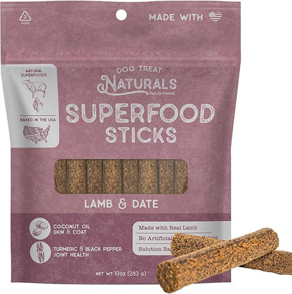 Dog Treat Naturals Superfood Sticks, Lamb & Date, 10oz Bag | Dog Chew Sticks | All-Natural, Pet Training Treats | Joint-Skin-Coat Health | USA Made