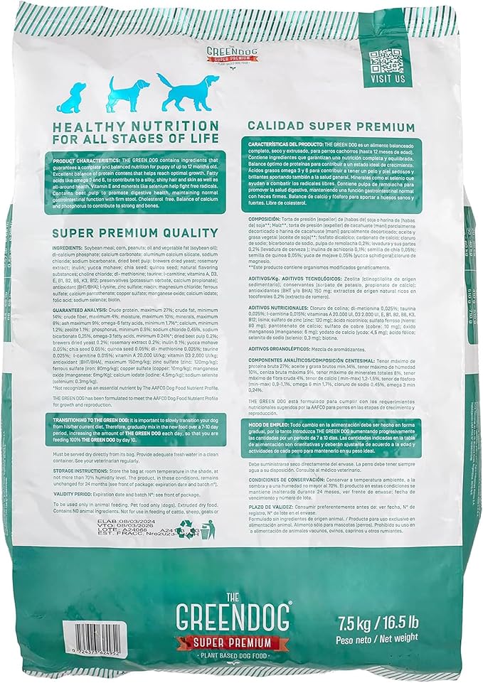 The Green Dog: Super Premium - Puppies - 16.5 Lb Bag Dog Food - Plant Based Protein, Vegan Dry Pet Kibble, Gluten Free, Complete Nutrition