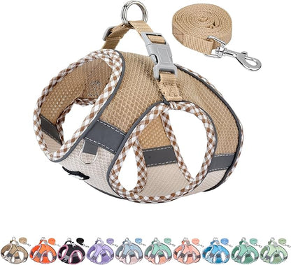 AIITLE Teacup Puppy Harness with Leash - Adjustable Soft Vest with Magic Tape & Reflective Safety Strips, Easy-Put-On for Poodles, Pomeranians - Gym, Hiking, Travel (Brown-Beige, S)