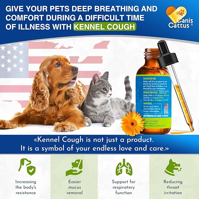 Dog Coughing Treatment Helps with Allergies, Breathing, Runny Nose, Sneezing – Herbal Kennel Cough Treatment for Dogs & Cats for Throat Care – Liquid Supplement and Breeds – 2-oz Bottle