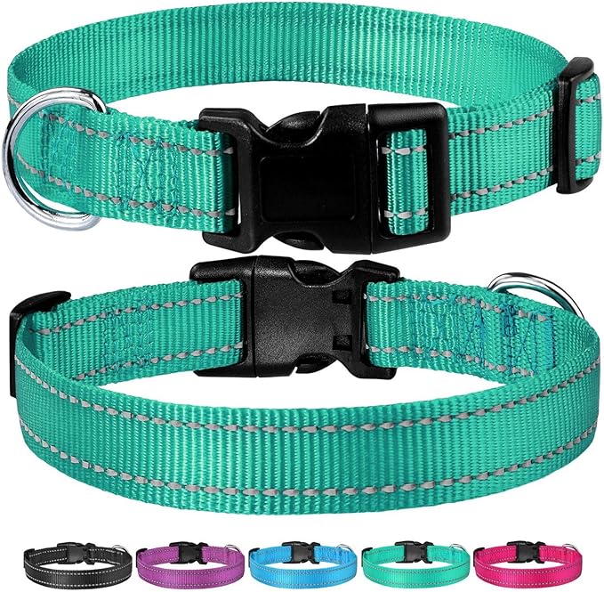 Reflective Dog Collar with Buckle Adjustable Safety Nylon Collars for Small Medium Large Dogs, Green XL
