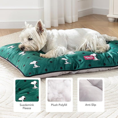 Berkshire Peanuts® Square Dog Bed, Suedemink Fleece Pet Mat with Waterproof & Non-Slip Bottom, Soft Plush Dog Mat for Crate, Couch, or Floor, Machine Washable(Snoopy Sitting Dot Green, Medium)