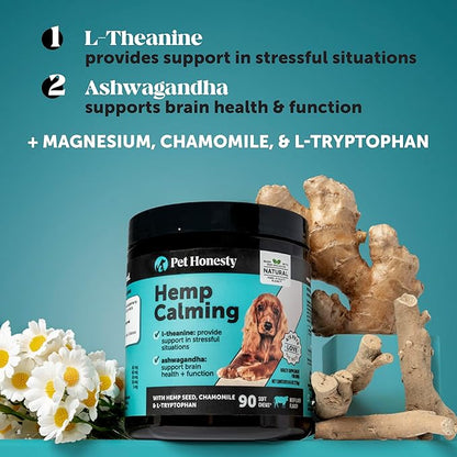 Natural Hemp Calming Chews for Dogs - Calming Aid Supplement for Occasional Anxiousness with Valerian Root, Chamomile, + Magnesium - Stress, Separation & Thunder Support - (Beef Liver, 90 Count)