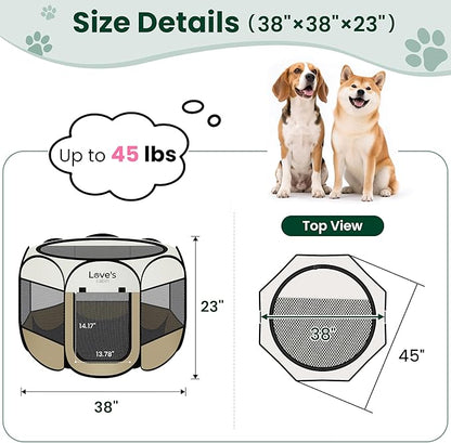 Love's cabin Pet Puppy Dog Playpen, Large Dog Tent Crates Cage Indoor/Outdoor, Portable Playpen for Cat, Foldable Pop Up Dog Kennel Playpen with Carring Case, Removable Zipper Top, Khaki
