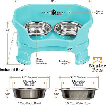 Neater Feeder Deluxe Mess-Proof Elevated Cat Bowls, 2 Height Adjustable (6” & 7.5”) No-Spill Raised Cat Bowl Stand, Whisker Friendly Stainless Steel Dishes for Indoor Cats, Made in USA, Aquamarine