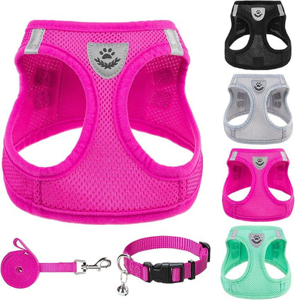 PUPTECK Adjustable Dog Harness Collar and Leash Set Step in No Pull Pet Harness for Small Medium Dogs Puppy and Cats Outdoor Walking Running, Soft Mesh Padded Reflective Vest Harnesses, Solid Pink M