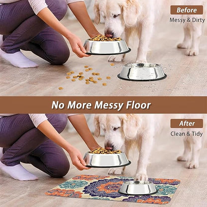 Mandala Flower Dog Cat Food Mat,Vintage Boho Floral Absorbent Pet Feeding Mat with Rubber Backing,Non-Slip Water Bowl Placemat,Indoor Pet Accessories Supplies 16"x24"