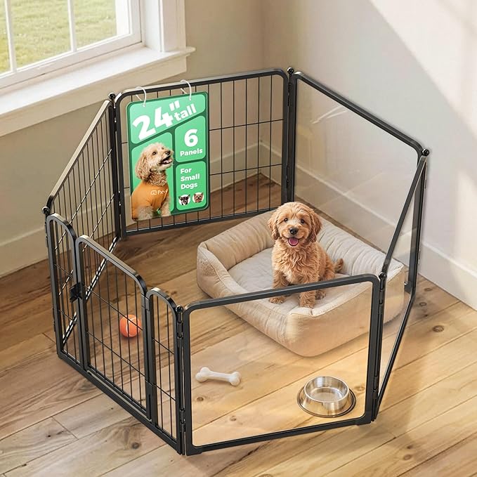 FXW AuraSpace Pro Acrylic & Wire Mesh Indoor Dog Playpen, 24" Height 6 Panels Metal Dog Pen for Puppies & Small Dogs, Black│Patented