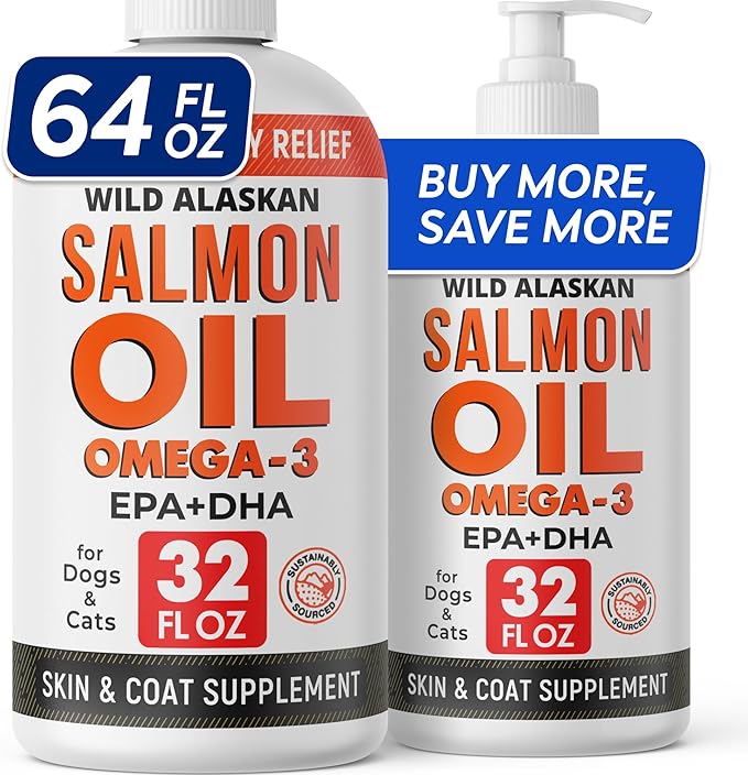StrellaLab 64 OZ Salmon Oil for Dogs - Omega 3 for Dogs & Cats, Itch & Allergy Relief, Wild Alaskan Salmon Oil Dogs Skin & Coat, Dog Fish Oil Liquid, Shedding Supplement EPA & DHA Fatty Acids - 2Packs