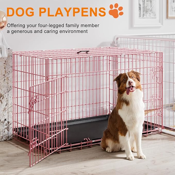 FDW XL Dog Crate 48inch Dog Cage Foldable Metal Kennel with Leakproof Tray Foldable Design Indoor Outdoor Use for Extra Large Dogs,Pink