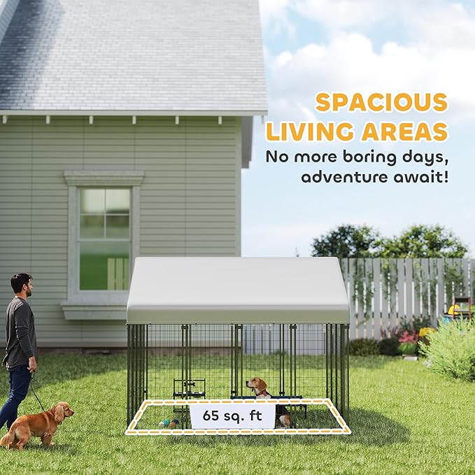PawHut Outdoor Dog Kennel with Roof, 8' x 8' x 6' Heavy Duty Welded Wire Dog Playpen Enclosure with Escape-Proof Lock, UV-Resistant & Waterproof Cover, for Large Dogs, Chickens, Ducks, Silver