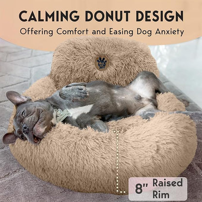 PetJett Calming Dog Beds for Small Dogs – 23" Donut Dog Beds, Anti-Slip & Washable Puppy Bed - Fluffy Plush Faux Fur Pet Bed, Anti-Anxiety Premium Comfort Round Pillow, Fits Dogs up to 25 lbs – Beige