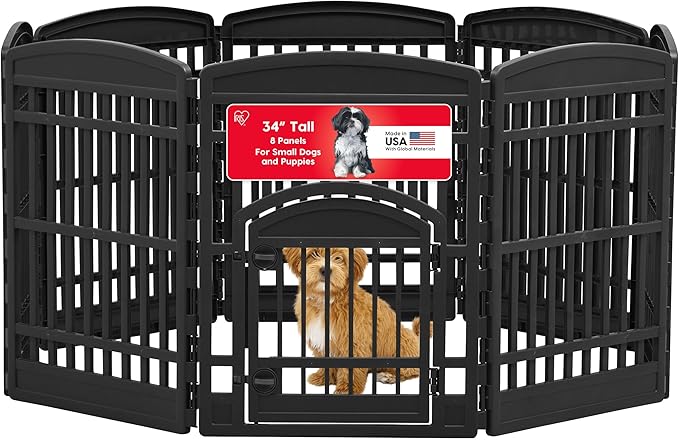 IRIS USA Dog Playpen with Door, 34” 8 Panel Pet Exercise Pen – Indoor Outdoor Puppy Play Pen, Portable Plastic Pet Fence for Small Medium Dogs, Foldable 63” x 63” x 34”, Black