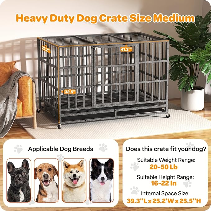 Hiwokk 42 Inch Heavy Duty Dog Crate, Indestructible Escape-Proof Dog Kennel for High Anxiety Large Dogs, Strong Metal Pet Cage with Double Doors, Lockable Wheels & Removable Tray, XL XXL XXXL
