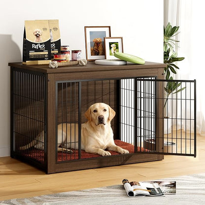 Greesum Modern Dog Crate Furniture That Doubles as a Side Table - Sturdy Wooden Kennel with Double Door Design, Equipped with Soft Cushion & Chew-Resistant Resign, Suitable for Dogs
