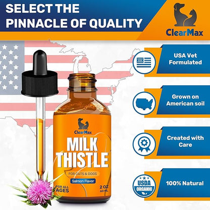 Milk Thistle for Dogs – Liver & Kidney Support for Large & Small Pets – Milk Thistle for Cats to Care for Digestion – Specialist-Approved Liquid Formula with Salmon Flavor – GMO Free – 2 Oz Bottle