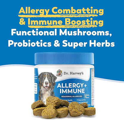 Dr. Harvey's Dog Allergy & Anti-Itch Relief Soft Chew Supplement Bites for Dogs, Daily Immune & Digestive Health Support with Functional Mushrooms, Super Herbs, Probiotics, Salmon Flavor (90 Chews)