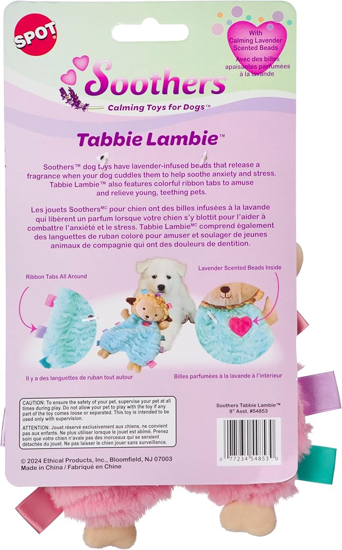 SPOT Soothers- Tabbie Lambie Dog Toy-Separation Anxiety Toys for Dogs, Stuffing Free, Scented with Calming Lavender Fragrance Beads to Safely Calm and Relax Dogs and Puppies, 8in