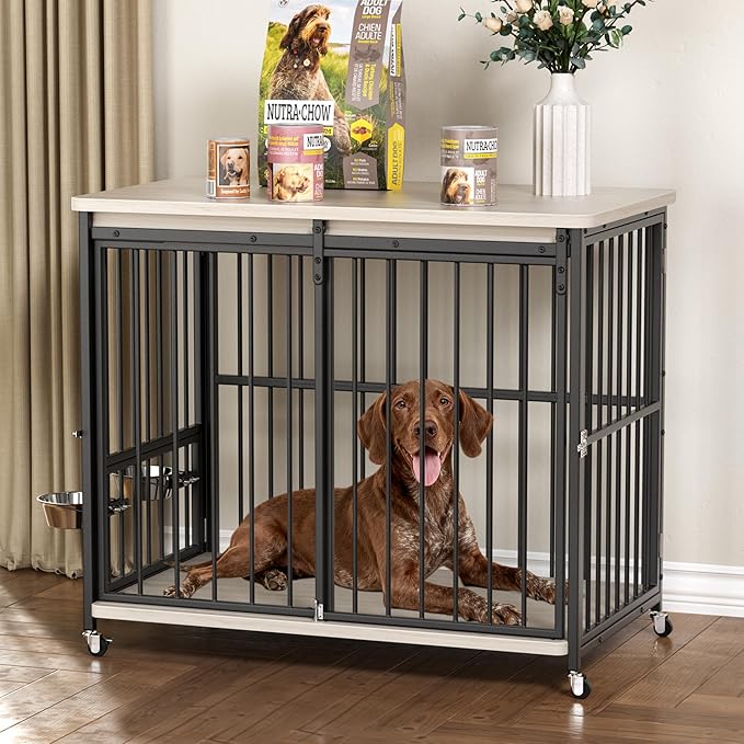 Dog Crate Furniture, 42’’ Wooden Dog Kennel Indoor with Sliding Front Door, Multi-Side Openings & Feeding Window Pet Cage House as TV Stand, End Table(Beige)
