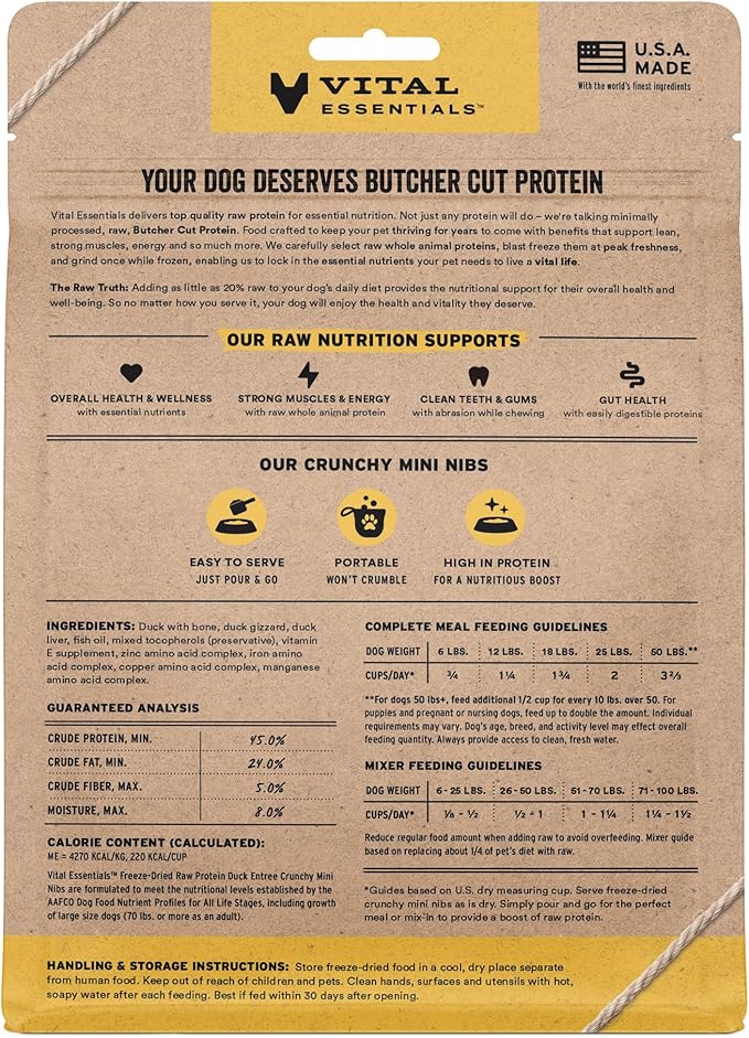 Vital Essentials Freeze Dried Dog Food, Raw Duck Crunchy Mini Nibs | Complete Meal or Topper | 96% Duck, Organs & Bone | Limited Ingredient, High Protein, Grain Free Dry Dog Food | 5.5 oz Bag