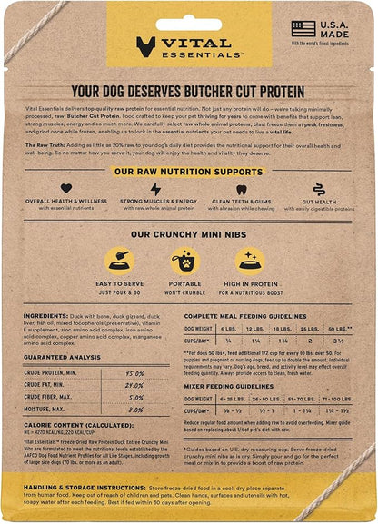 Vital Essentials Freeze Dried Dog Food, Raw Duck Crunchy Mini Nibs | Complete Meal or Topper | 96% Duck, Organs & Bone | Limited Ingredient, High Protein, Grain Free Dry Dog Food | 5.5 oz Bag