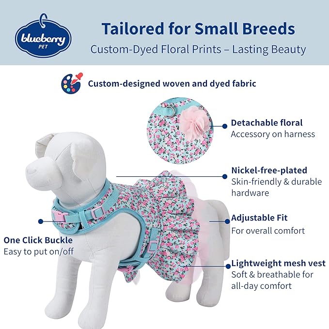 Blueberry Pet Soft & Comfy Made Well Cute Floral No Pull Mesh Dog Costume Harness Dress in Light Blue, Chest Girth 19"-21", Small, Adjustable Harnesses for Dogs