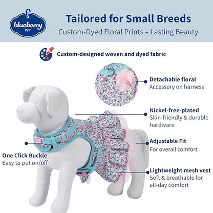 Blueberry Pet Soft & Comfy Made Well Cute Floral No Pull Mesh Dog Costume Harness Dress in Light Blue, Chest Girth 19"-21", Small, Adjustable Harnesses for Dogs