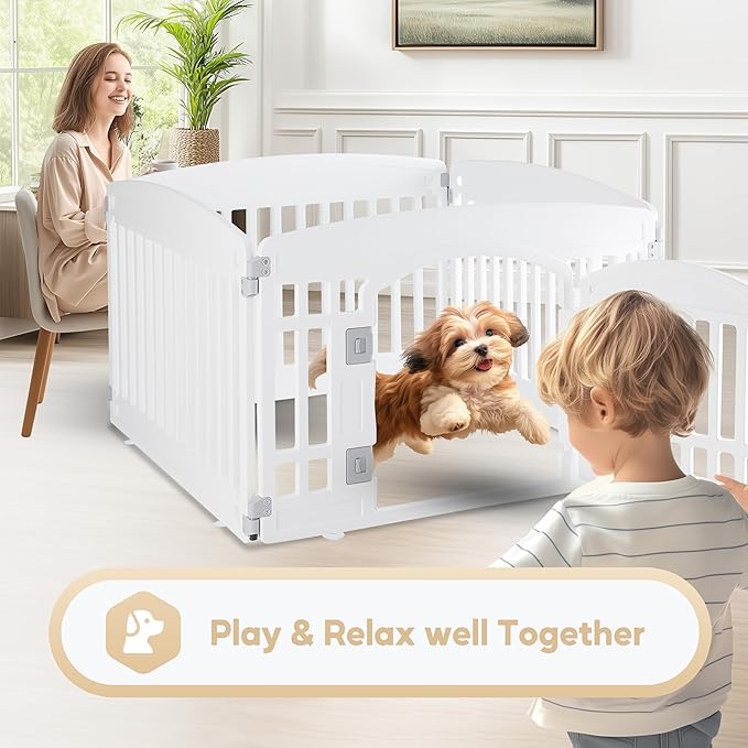 Simple Deluxe 4 Panel Plastic Dog Playpen, Safe and Secure, Folding and Portable, Puppy Fence with Door, ffor Dogs and Suppies, 24", White
