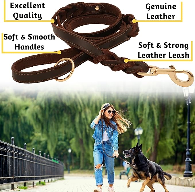 ADITYNA - Double Handle Leather Dog Leash 6ft - Heavy Duty Braided Dog Leash with Traffic Handle - Lead for Training and Walking Medium Large Breeds (Brown, Two Handles 6 Foot x 3/4")