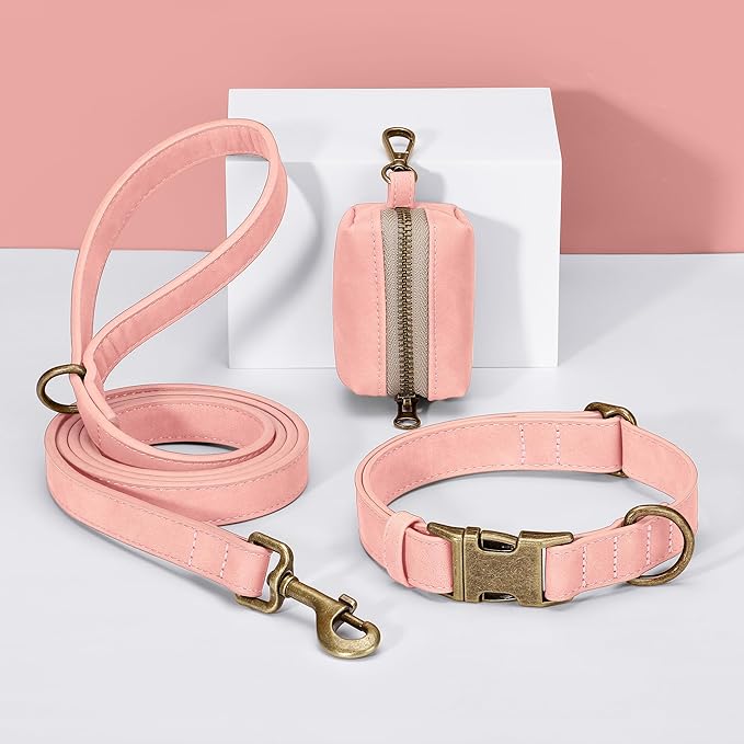 Didog Soft PU Leather Dog Collar, Stylish Quick Released Dog Collar for Large Dogs, Easy Clean Adjustable Pet Collar for Daily Walking, Pink, L Fit 16-22" Neck