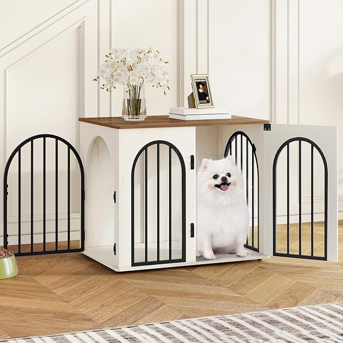 Hzuaneri 26.8'' Wooden Dog Crate Furniture, Indoor Dog Kennel Dogs Cage for Small Dogs, Heavy Duty Dog Crates Decorative Pet House End Side Table TV Stand, White Brown DFC85514B