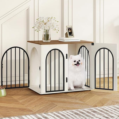 Hzuaneri 26.8'' Wooden Dog Crate Furniture, Indoor Dog Kennel Dogs Cage for Small Dogs, Heavy Duty Dog Crates Decorative Pet House End Side Table TV Stand, White Brown DFC85514B