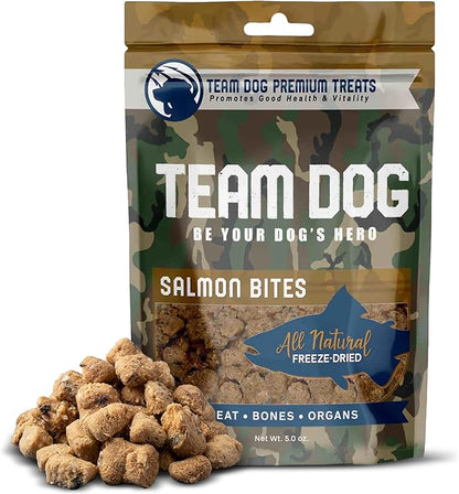 Team Dog Freeze Dried Salmon Dog Treats for Training | Healthy Gluten Free, Grain Free Dog Treats | No Added Fillers, Flavoring or by-Products | for All Breeds & Sizes | 5 Oz Salmon Bites