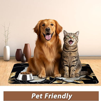 White Flowers Pet Feeding Mat,Glitter BloomingAbsorbent Quick-Dry Cat Dog Food and Water Bowl Mats,Non-Slip Rubber Backing Mat,Cat Dog Accessories Supplies 16"x24"
