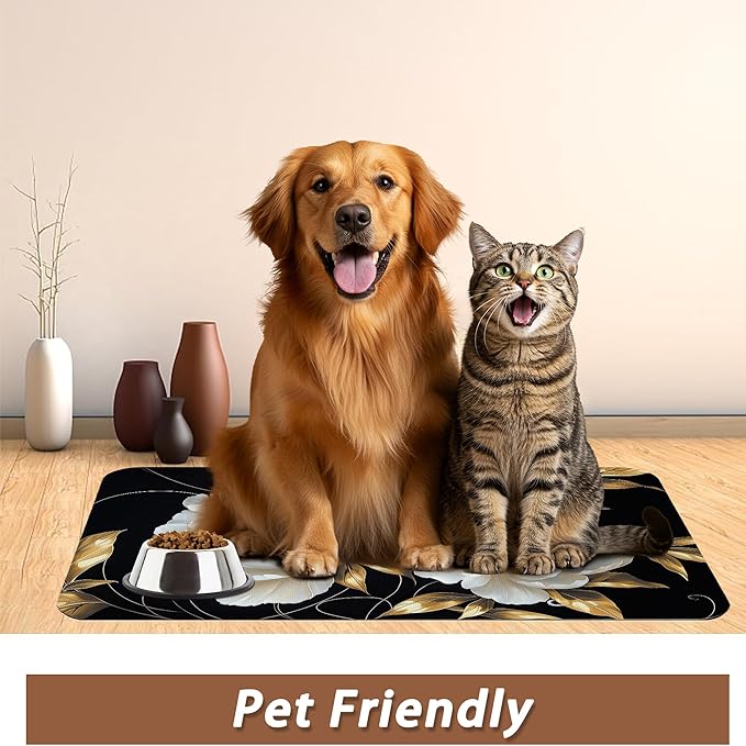 White Flowers Pet Feeding Mat,Glitter BloomingAbsorbent Quick-Dry Cat Dog Food and Water Bowl Mats,Non-Slip Rubber Backing Mat,Cat Dog Accessories Supplies 12"x20"