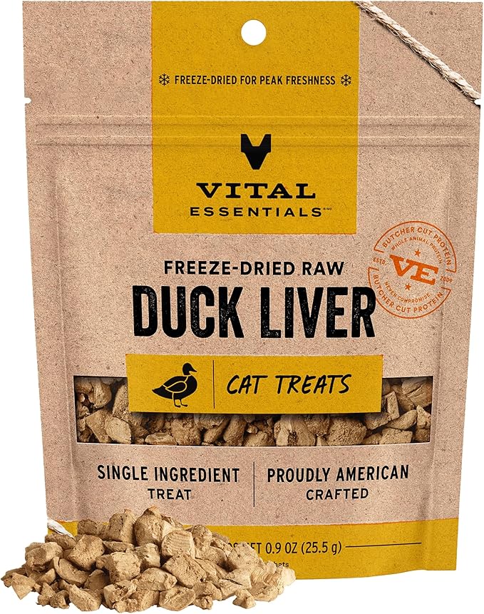 Vital Essentials Freeze Dried Cat Treats | Duck Liver, Single Ingredient | Premium Quality | Grain Free, Healthy Treats for Cats, 0.9 oz Bag