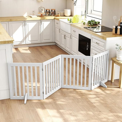 PUPETPO 24”H Freestanding Dog Gates for The House, Wooden Pet Gates for Doorways, Extra Wide Dog Gate for Stairs, Support Feet Included, 80 inch Wide 4 Panels, Indoor Use, White