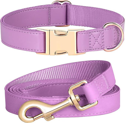PET ARTIST Soft PU Leather Dog Collar and Leash Set, Bright & Stylish 5FT PU Leather Leash and Collar Set, Durable Pet Collars with Quick Release Metal Buckle for Small Dogs,Purple,S(9"-14")
