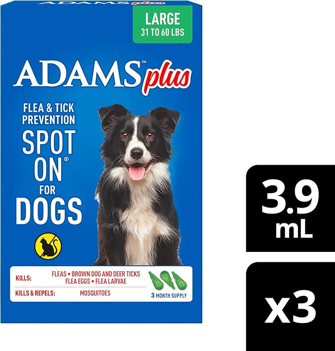 ADAMS Plus Flea & Tick Prevention Spot On for Dogs, Large Dogs, Kills Fleas & Ticks (Brown Dog/Deer Ticks), Kills and Repels Mosquitoes, Prevents Flea Infestations, 3-Month Supply, 3 Pack