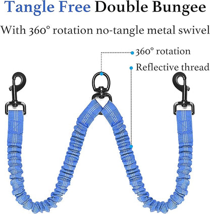iYoShop Dual Dog Leash - 360° Swivel, No Tangle Walking Leash with Shock Absorbing Bungee for Two Dogs (Large, 25-150 lbs, Royal Blue)