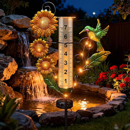 Rain Gauge Outdoor - Solar Rain Gauges with Lights Waterproof Metal Stake Hummingbird & Sunflowers Decorative Rain Gauge Freeze Proof 7" Measuring Cup for Garden Yard Lawn Decor