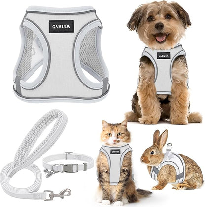 GAMUDA Small Pet Harness Collar and Leash Set, Step in No Chock No Pull Linen Fabric Soft Mesh Dog Vest Harnesses Reflective for Dogs Puppy Cats Kitten Rabbit (White, XS)