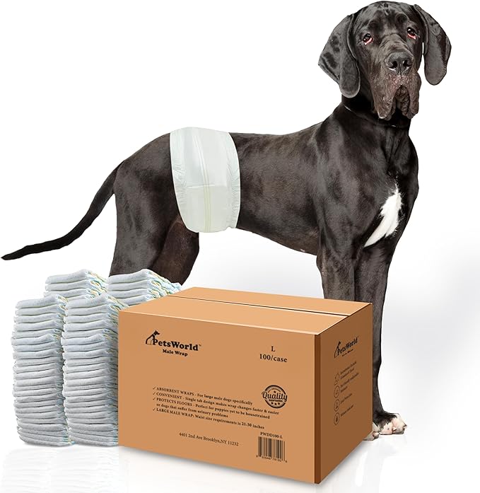 PetsWorld Dog Diapers Male Large 100 Count Disposable Male Dog Wraps – Super Absorbent Belly Bands with Wetness Indicator, Fur-Friendly Adjustable Fit for Incontinence & Training (Waist 21–30 in)