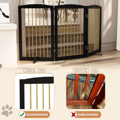 PUPETPO Freestanding Pet Gate for Dogs, Foldable Wooden Dog Gate for House Indoor, Step Over Pet Puppy Safety Fence for Stair, Doorway,Hall, Support Feet Included,3 Panels 32",Black&Gold